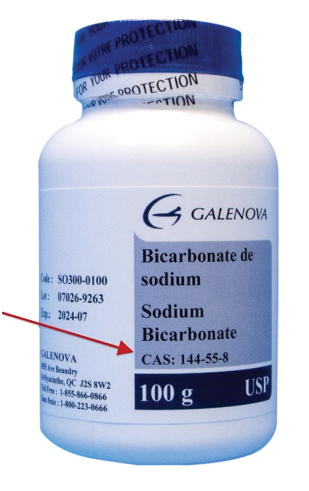 Bottle of Sodium Bicarbonate with CAS registry numbers on it
