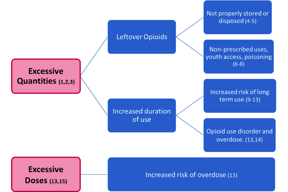 A figure showing the harms associated with excessive opioid quantities and excessive opioid doses for acute pain. Excessive opioid quantities can lead to leftover opioids and increased duration of use. Leftover opioids could be improperly stored or disposed of, accessed by youth, used for non-prescribed purposes and cause poisoning. Increased duration of opioid use increases risk of long-term use, and opioid use disorder and overdose. Excessive opioid doses can lead to increased risk of overdose.