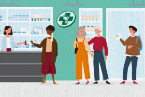banner - illustration of diverse people in a pharmacy